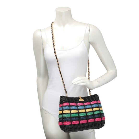 Benchmade Wicker Handbag Purse Woven Straw Chain Strap Black Rainbow Gold Clasp - Picture 2 of 9